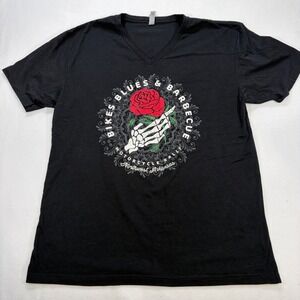 Motorcycle Rally Bikes Blues & Barbecue Women's XL Rose Skeleton V-Neck Shirt